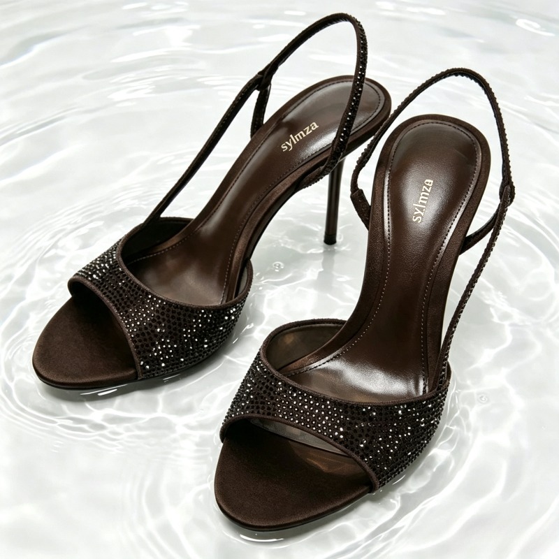 Women Shoes Brand - Fashion Crystal Detail Slingback Heels Women