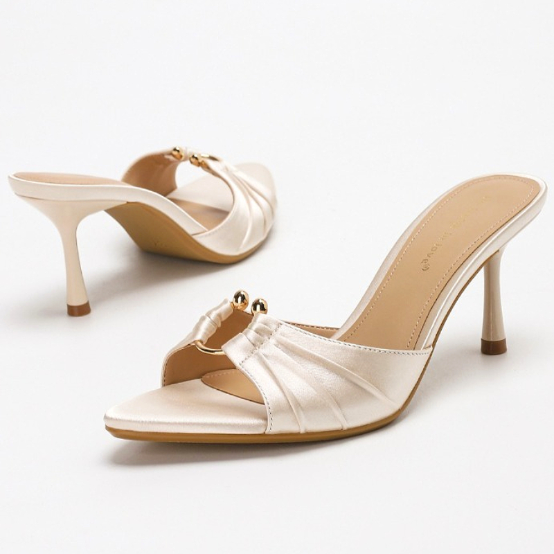 Women Shoes Brand - Pleated Metal Ring Satin Elegant Thin