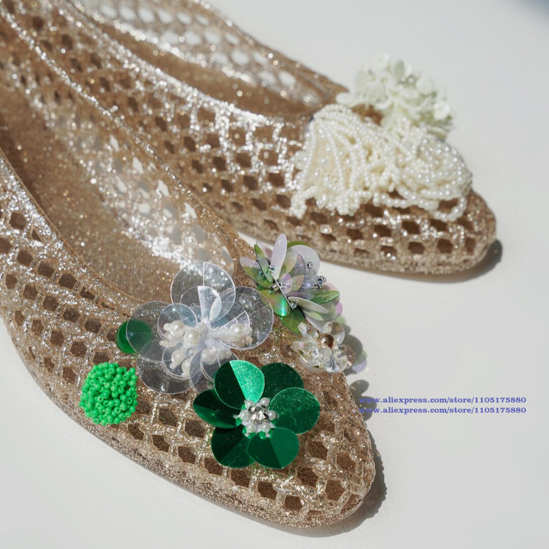 Glitter Gold Hollow Jelly Flat - đánh giá và giá Jelly Sandal Women